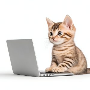 Cute kitten uses laptop on white background. For animal adoption, web design