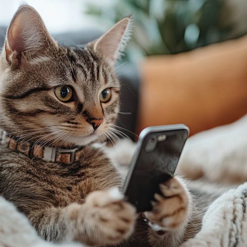 A tabby cat wearing a collar using a smartphone while lying on a blanket on a couch indoors looking serious Mobile pet grooming scheduler with photo log. --ar 16:9 --raw --stylize 250 --v 6.1 Job ID: 8092321d-e77b-40ce-a914-5a6d9ded6f3d